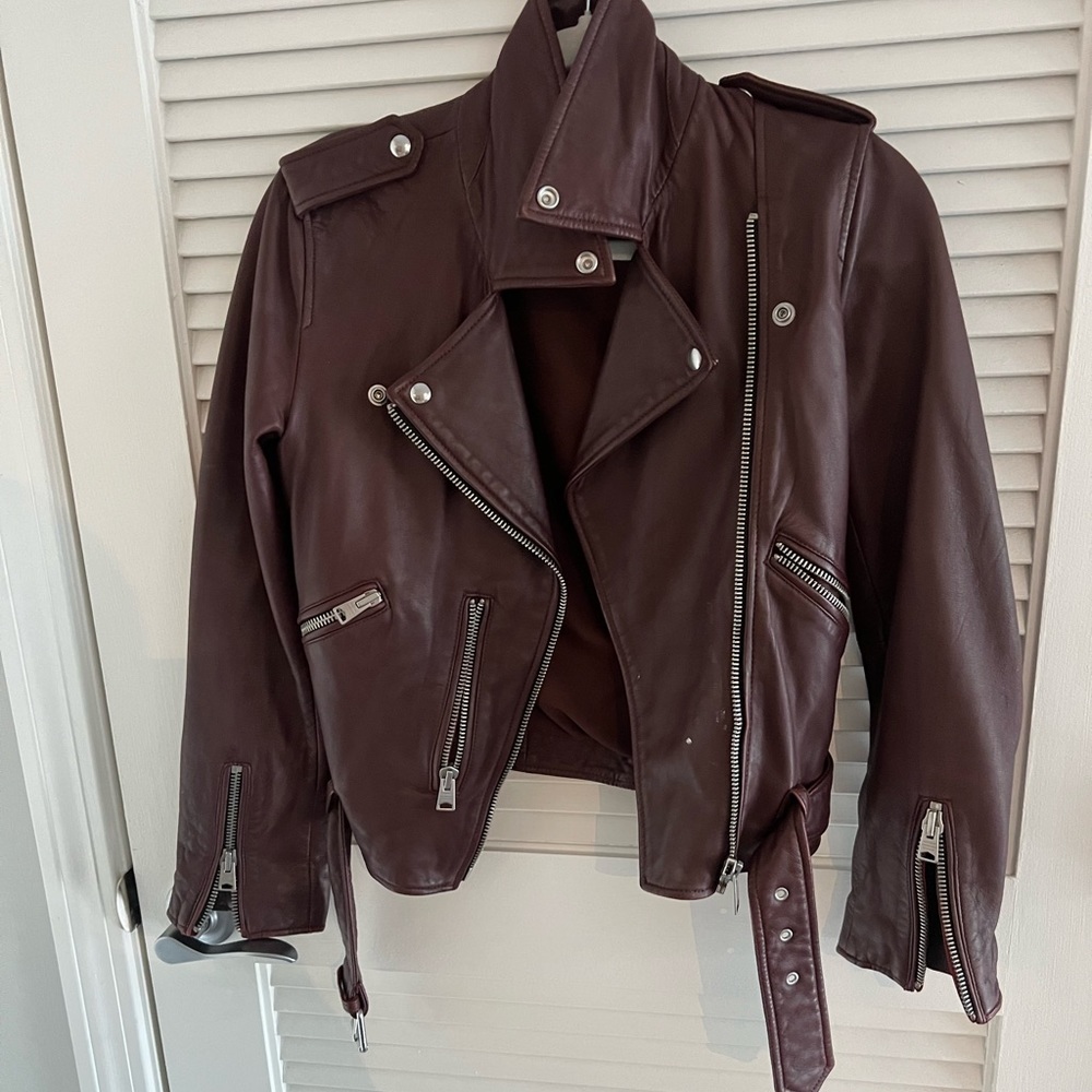 All Saints Maroon Leather Jacket, Size 2